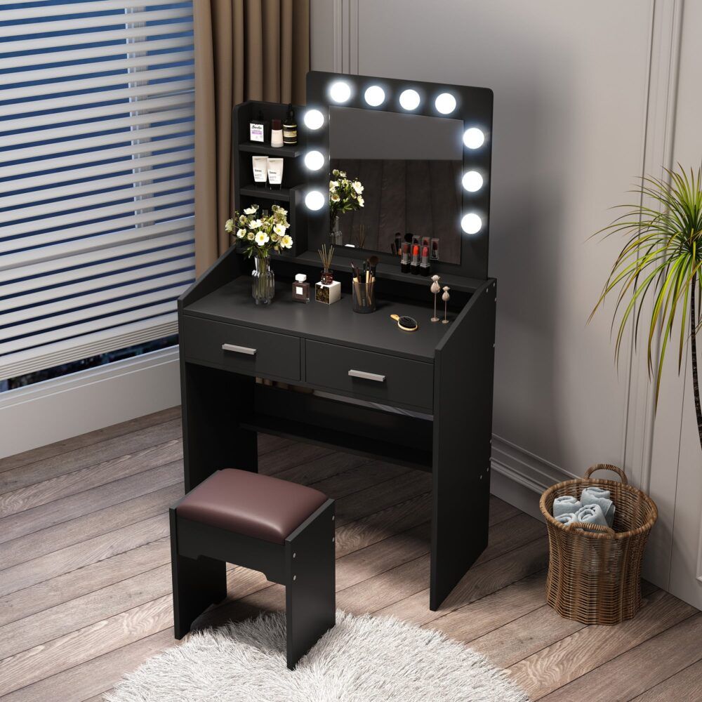 Diana Vanity Set with Shelves Cushioned Stool and Lighted Mirror- Black-Furniture > Bedroom-PEROZ Accessories
