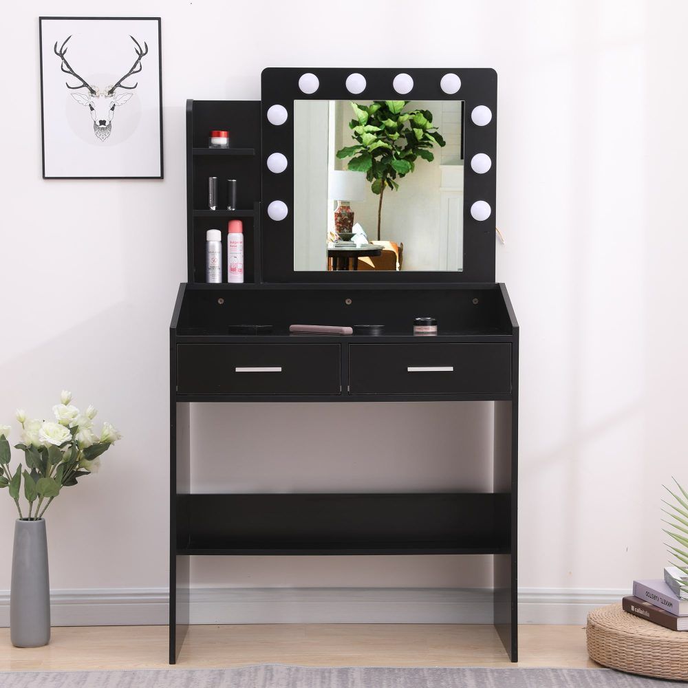 Diana Vanity Set with Shelves Cushioned Stool and Lighted Mirror- Black-Furniture > Bedroom-PEROZ Accessories