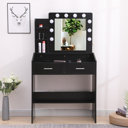 Diana Vanity Set with Shelves Cushioned Stool and Lighted Mirror- Black-Furniture > Bedroom-PEROZ Accessories