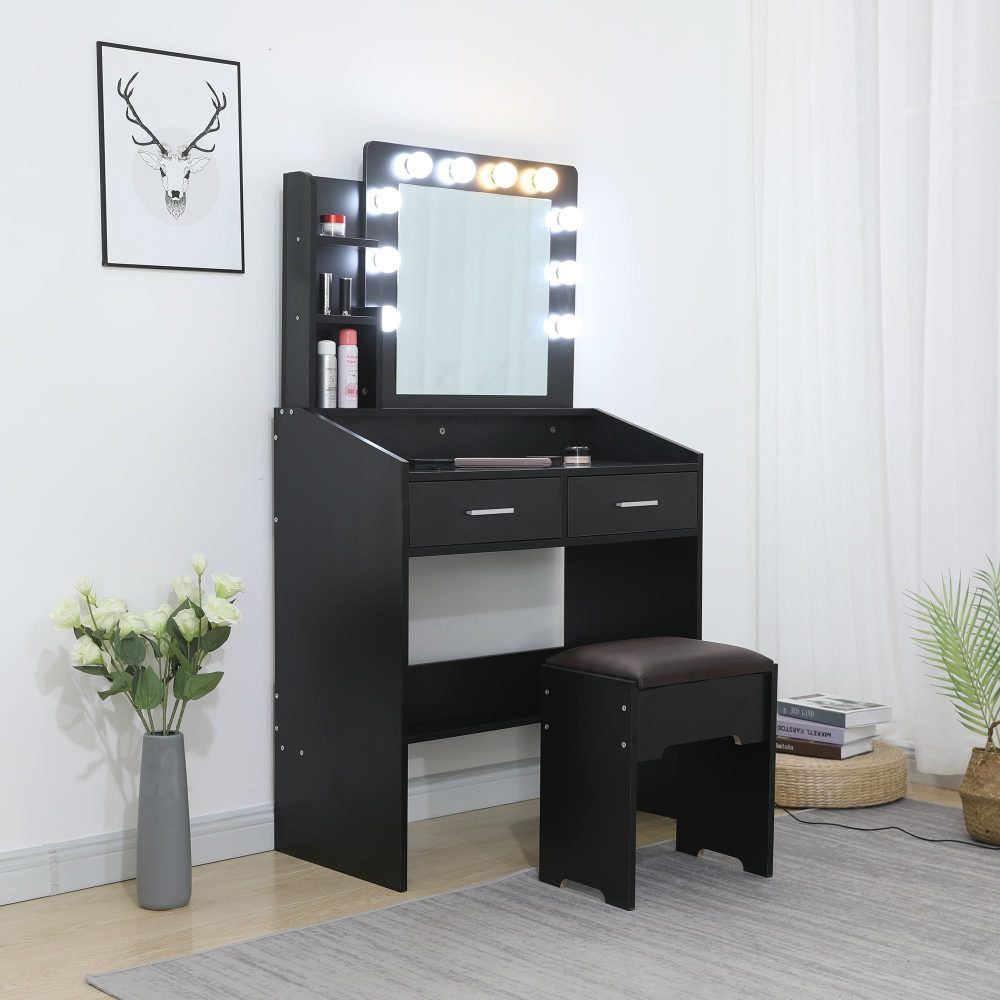 Diana Vanity Set with Shelves Cushioned Stool and Lighted Mirror- Black-Furniture > Bedroom-PEROZ Accessories