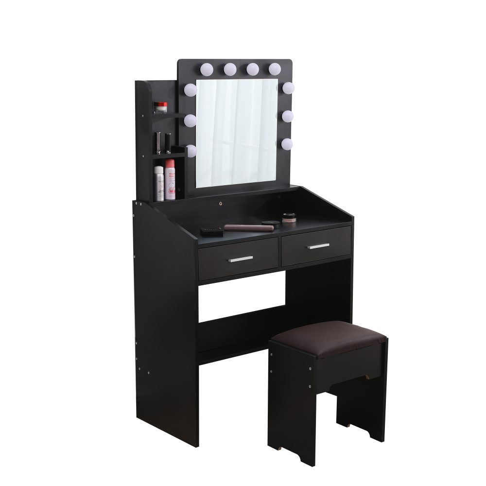 Diana Vanity Set with Shelves Cushioned Stool and Lighted Mirror- Black-Furniture > Bedroom-PEROZ Accessories