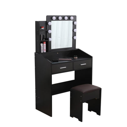 Diana Vanity Set with Shelves Cushioned Stool and Lighted Mirror- Black-Furniture > Bedroom-PEROZ Accessories