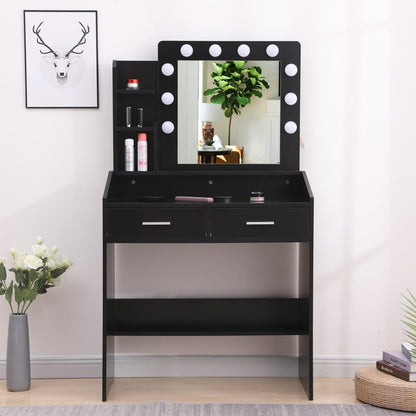Diana Vanity Set with Shelves Cushioned Stool and Lighted Mirror- Black-Furniture &gt; Bedroom-PEROZ Accessories