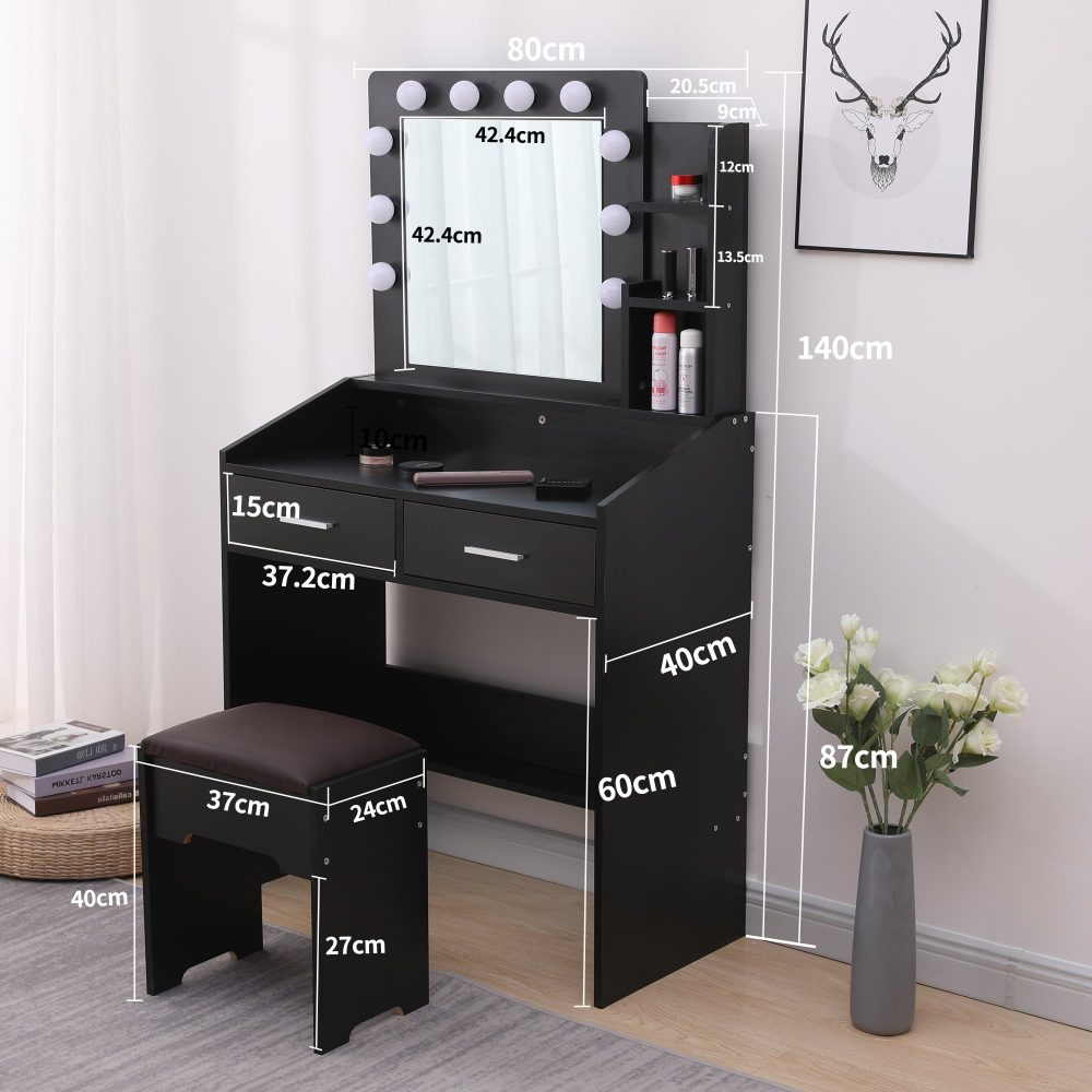 Diana Vanity Set with Shelves Cushioned Stool and Lighted Mirror- Black-Furniture &gt; Bedroom-PEROZ Accessories