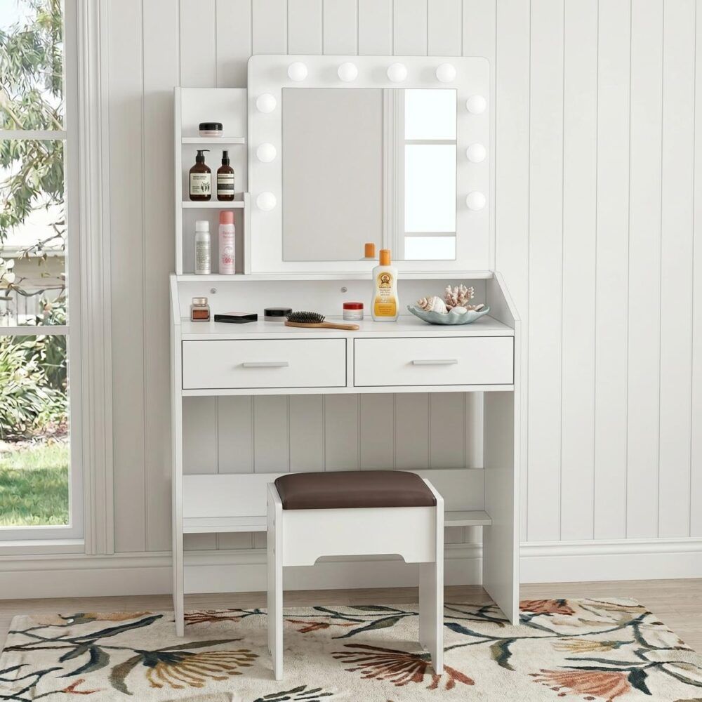 Diana Vanity Set with Shelves Cushioned Stool and Lighted Mirror- White-Furniture > Bedroom > Dressing Vanity &amp; Dressing Tables-PEROZ Accessories