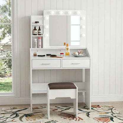 Diana Vanity Set with Shelves Cushioned Stool and Lighted Mirror- White-Furniture > Bedroom > Dressing Vanity &amp; Dressing Tables-PEROZ Accessories