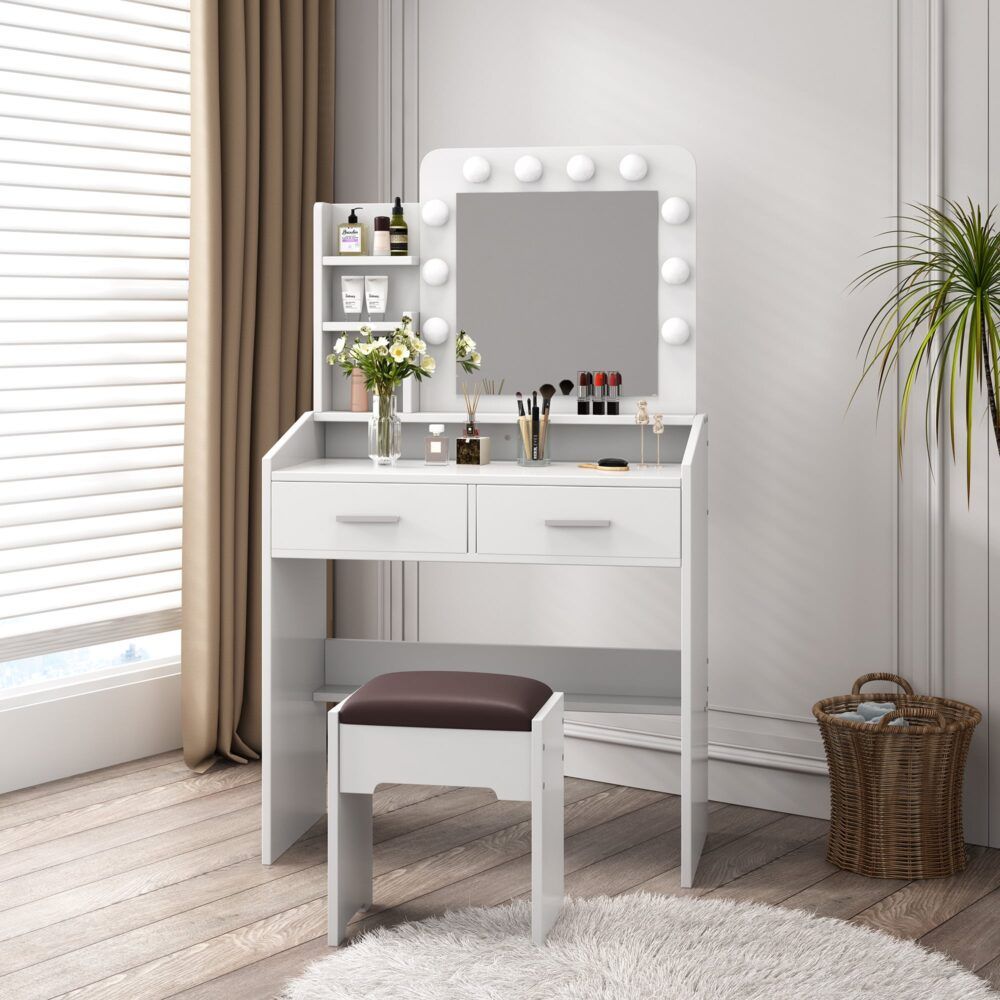 Diana Vanity Set with Shelves Cushioned Stool and Lighted Mirror- White-Furniture > Bedroom > Dressing Vanity &amp; Dressing Tables-PEROZ Accessories