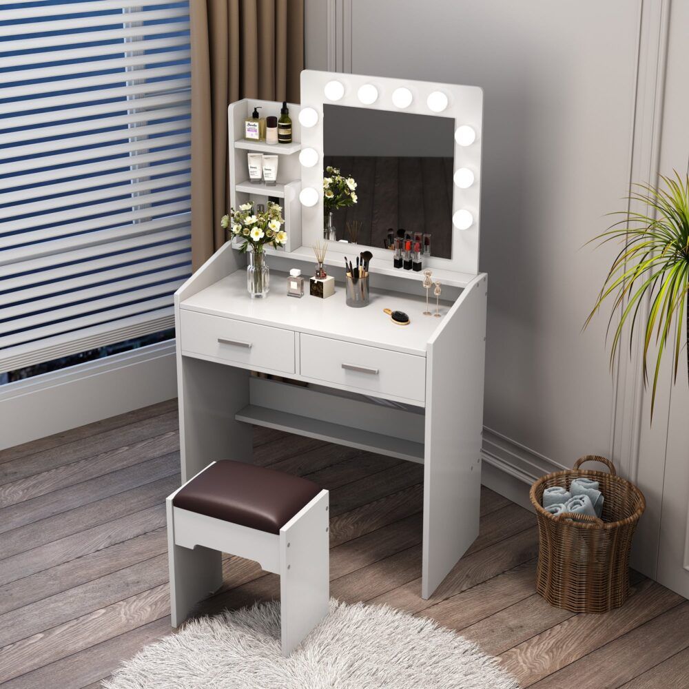 Diana Vanity Set with Shelves Cushioned Stool and Lighted Mirror- White-Furniture > Bedroom > Dressing Vanity &amp; Dressing Tables-PEROZ Accessories
