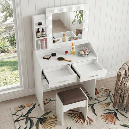Diana Vanity Set with Shelves Cushioned Stool and Lighted Mirror- White-Furniture > Bedroom > Dressing Vanity &amp; Dressing Tables-PEROZ Accessories