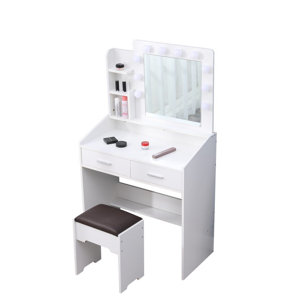 Diana Vanity Set with Shelves Cushioned Stool and Lighted Mirror- White-Furniture > Bedroom > Dressing Vanity &amp; Dressing Tables-PEROZ Accessories