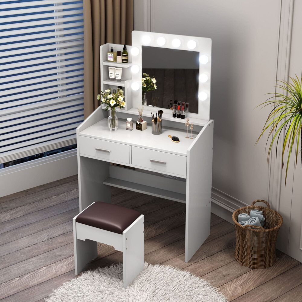 Diana Vanity Set with Shelves Cushioned Stool and Lighted Mirror- White-Furniture > Bedroom > Dressing Vanity &amp; Dressing Tables-PEROZ Accessories