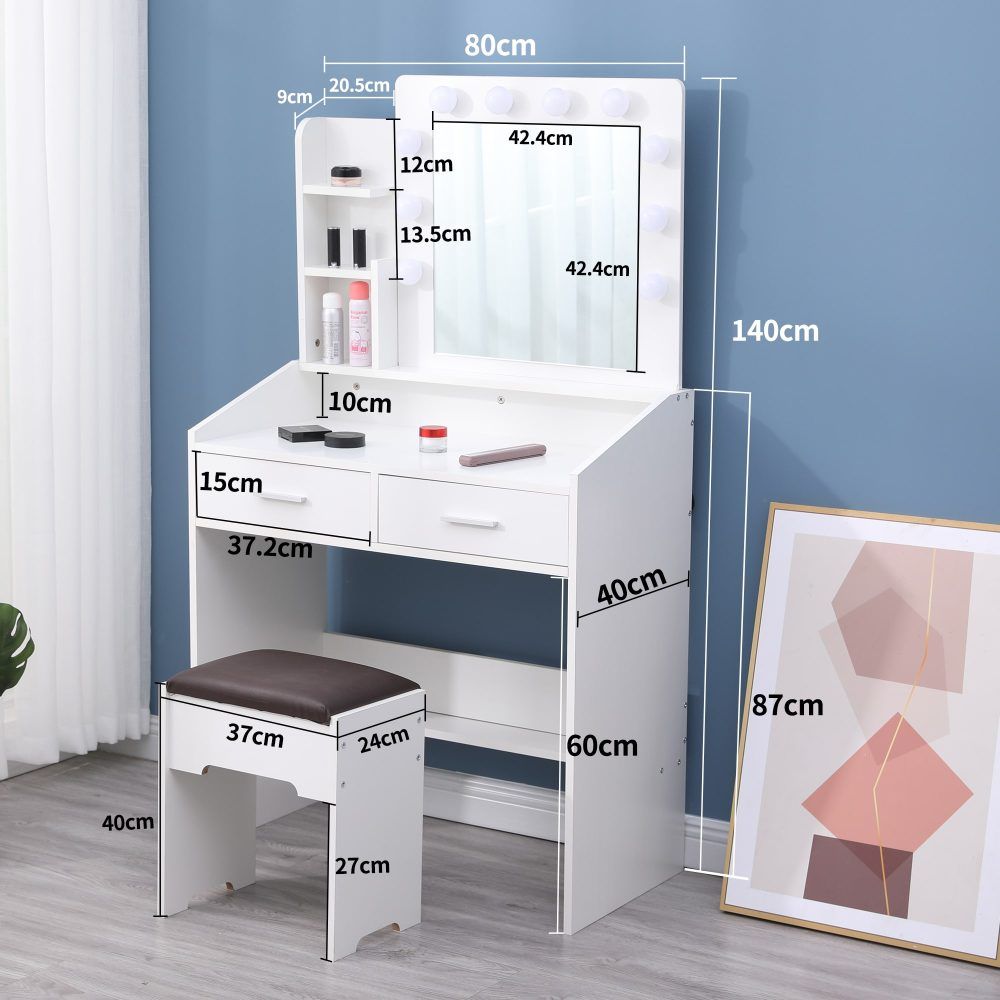 Diana Vanity Set with Shelves Cushioned Stool and Lighted Mirror- White-Furniture > Bedroom > Dressing Vanity &amp; Dressing Tables-PEROZ Accessories