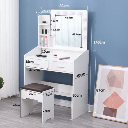 Diana Vanity Set with Shelves Cushioned Stool and Lighted Mirror- White-Furniture > Bedroom > Dressing Vanity &amp; Dressing Tables-PEROZ Accessories