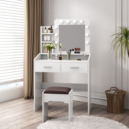 Diana Vanity Set with Shelves Cushioned Stool and Lighted Mirror- White-Furniture &gt; Bedroom &gt; Dressing Vanity &amp; Dressing Tables-PEROZ Accessories