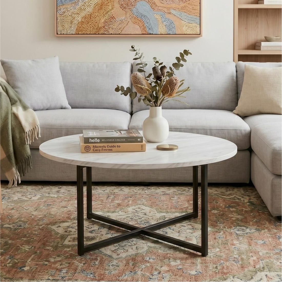 White Marble Effect Round Coffee Table with Black Legs-Furniture > Living Room > Coffee Tables-PEROZ Accessories