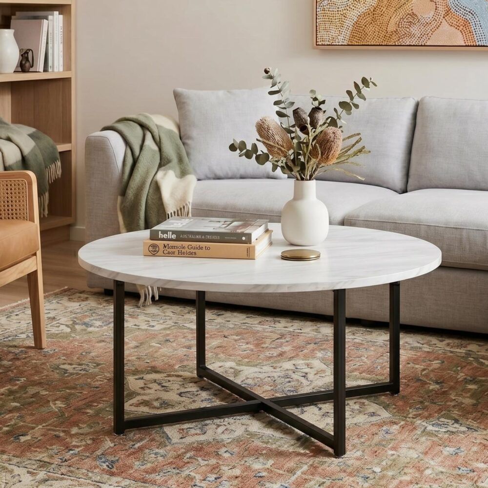 White Marble Effect Round Coffee Table with Black Legs-Furniture > Living Room > Coffee Tables-PEROZ Accessories