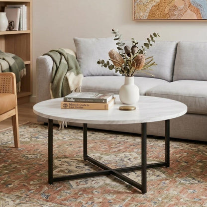 White Marble Effect Round Coffee Table with Black Legs-Furniture > Living Room > Coffee Tables-PEROZ Accessories