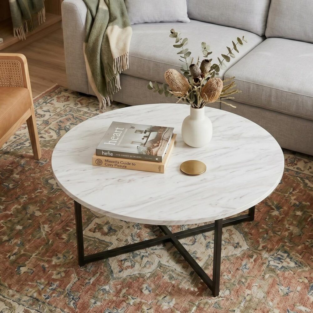 White Marble Effect Round Coffee Table with Black Legs-Furniture > Living Room > Coffee Tables-PEROZ Accessories