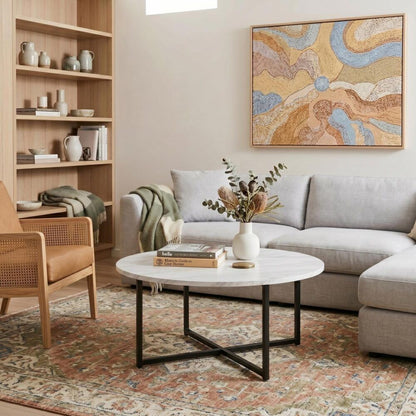 White Marble Effect Round Coffee Table with Black Legs-Furniture > Living Room > Coffee Tables-PEROZ Accessories