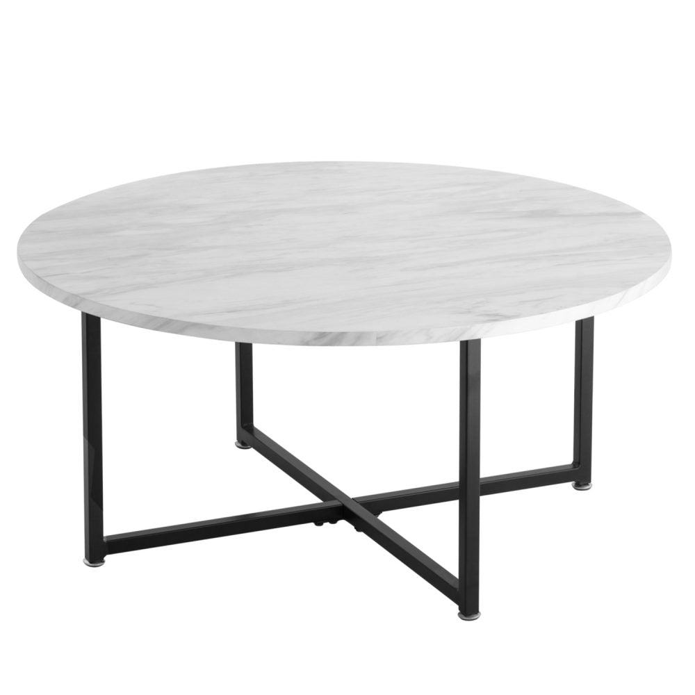 White Marble Effect Round Coffee Table with Black Legs-Furniture > Living Room > Coffee Tables-PEROZ Accessories