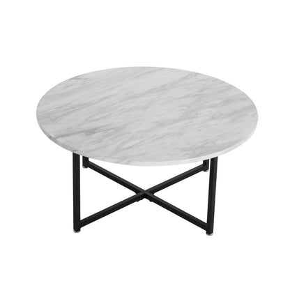 White Marble Effect Round Coffee Table with Black Legs-Furniture > Living Room > Coffee Tables-PEROZ Accessories