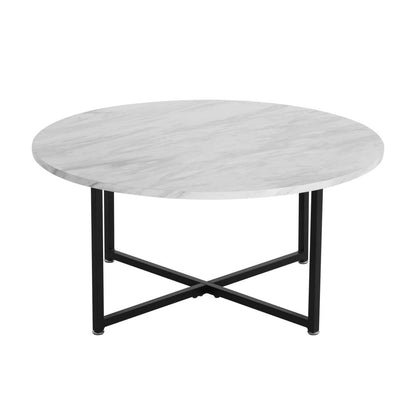White Marble Effect Round Coffee Table with Black Legs-Furniture > Living Room > Coffee Tables-PEROZ Accessories