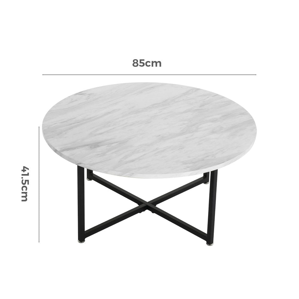 White Marble Effect Round Coffee Table with Black Legs-Furniture > Living Room > Coffee Tables-PEROZ Accessories