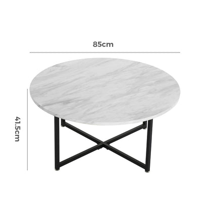 White Marble Effect Round Coffee Table with Black Legs-Furniture > Living Room > Coffee Tables-PEROZ Accessories