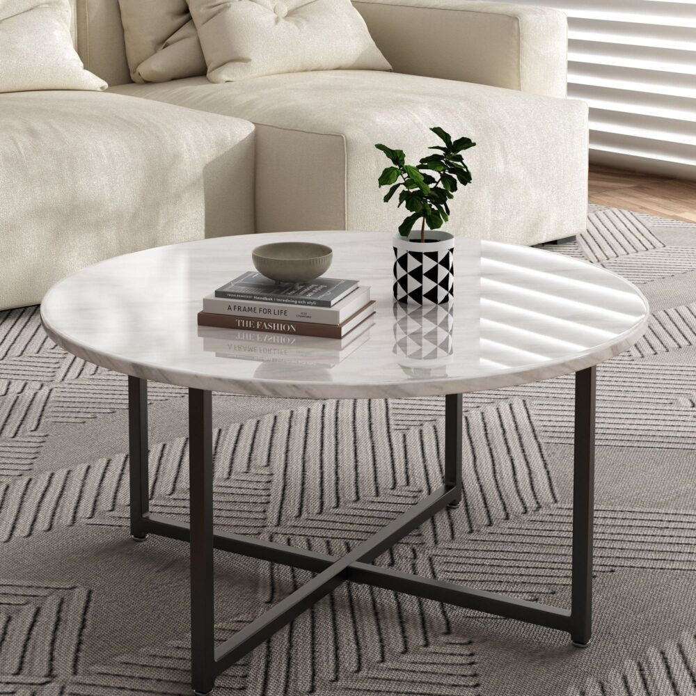 White Marble Effect Round Coffee Table with Black Legs-Furniture > Living Room > Coffee Tables-PEROZ Accessories