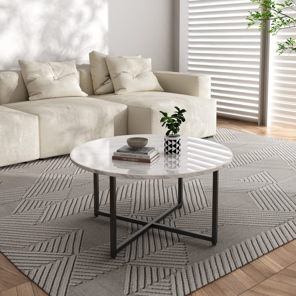 White Marble Effect Round Coffee Table with Black Legs-Furniture > Living Room > Coffee Tables-PEROZ Accessories