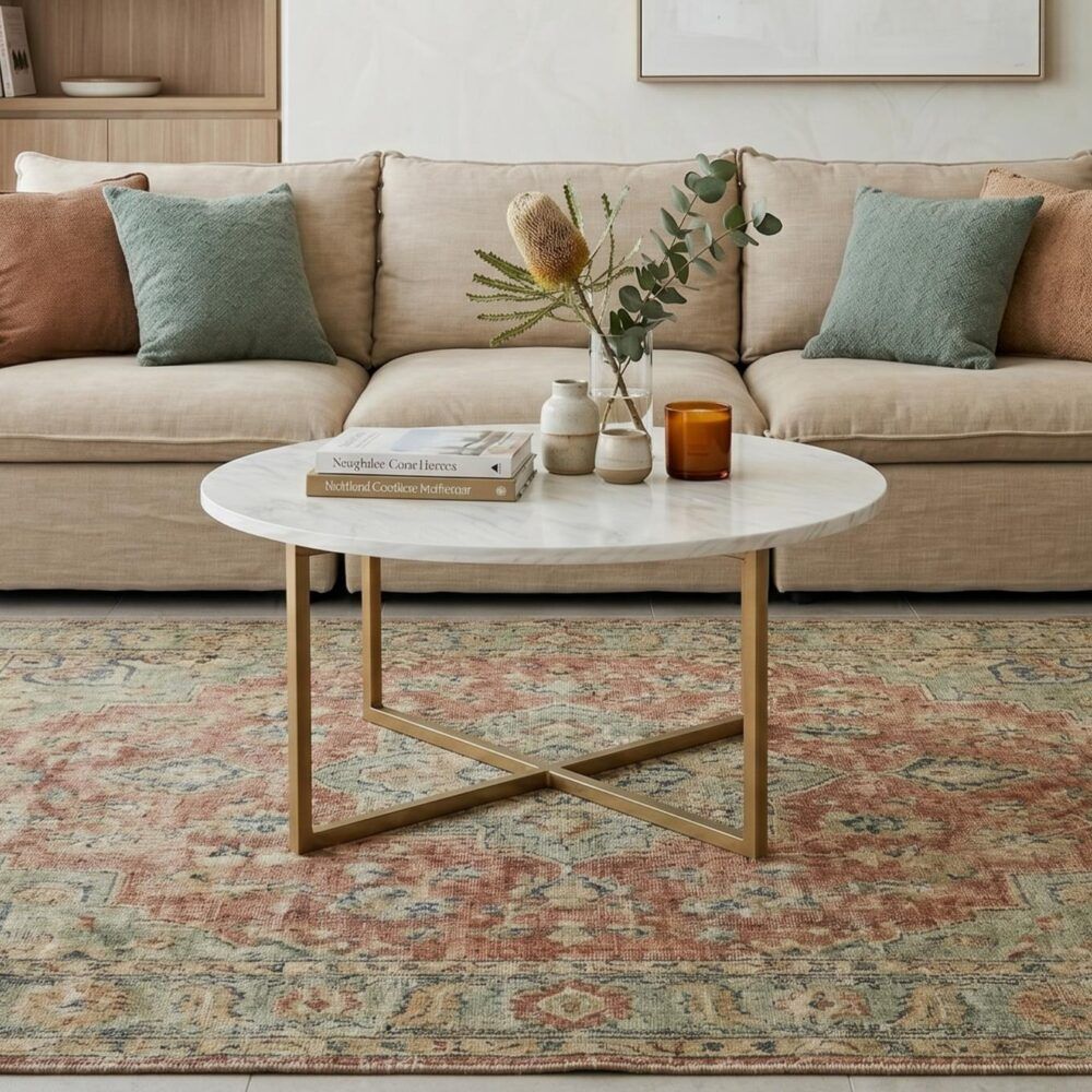 White Marble Effect Round Coffee Table with Gold Legs-Furniture > Living Room > Coffee Tables-PEROZ Accessories