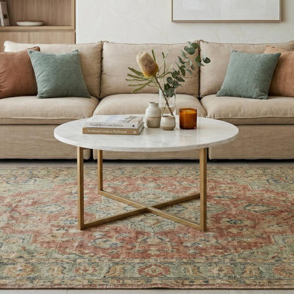 White Marble Effect Round Coffee Table with Gold Legs-Furniture > Living Room > Coffee Tables-PEROZ Accessories