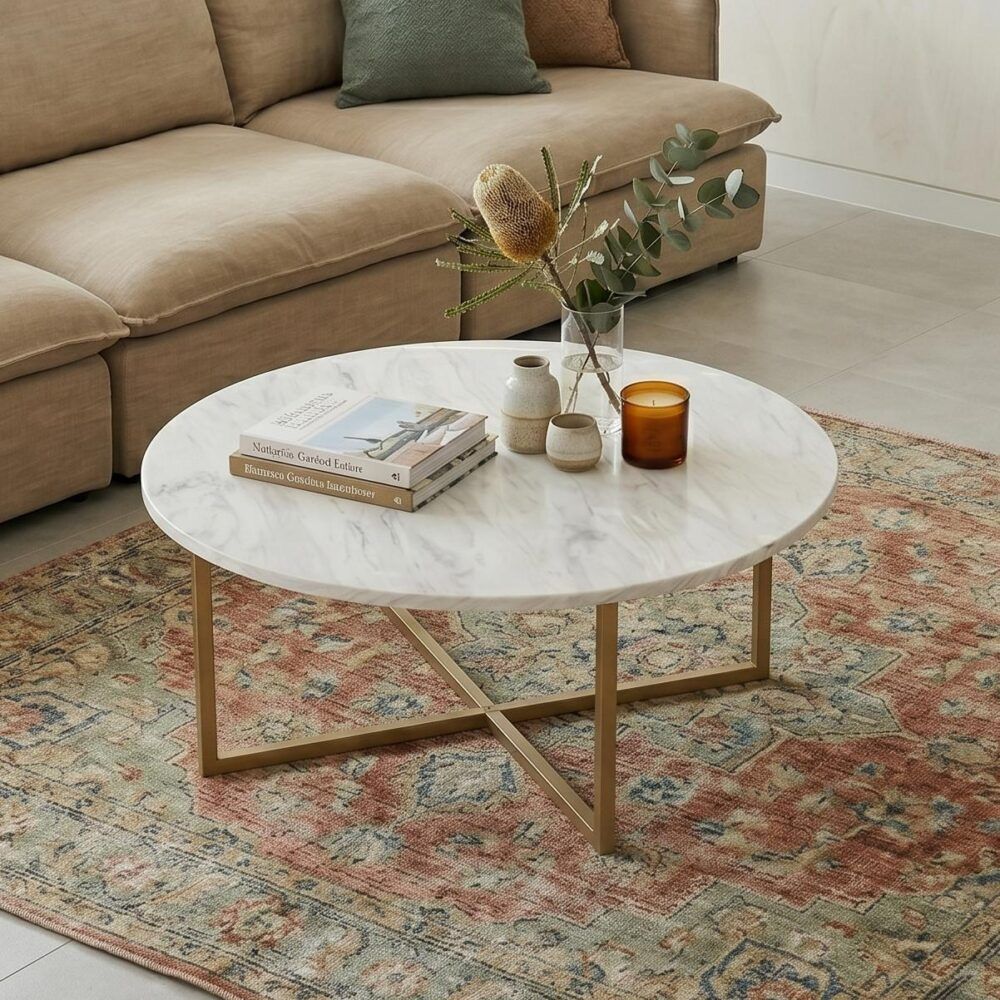 White Marble Effect Round Coffee Table with Gold Legs-Furniture > Living Room > Coffee Tables-PEROZ Accessories