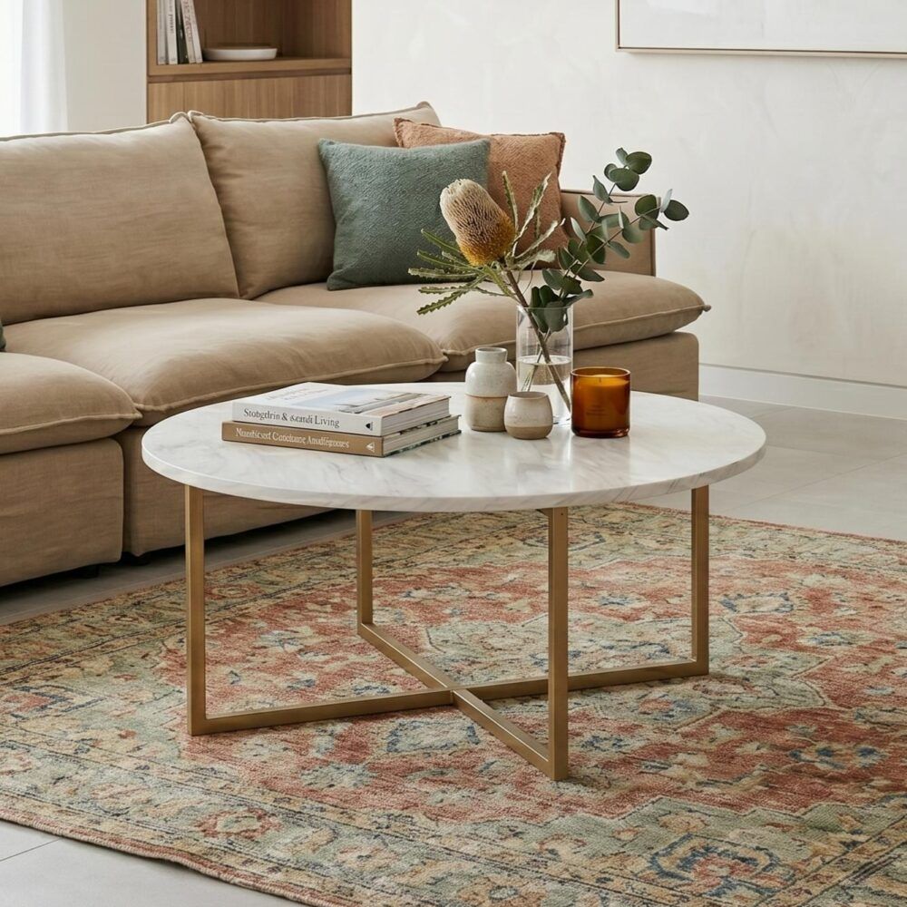 White Marble Effect Round Coffee Table with Gold Legs-Furniture > Living Room > Coffee Tables-PEROZ Accessories