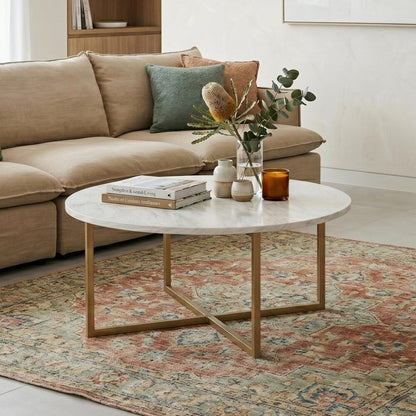 White Marble Effect Round Coffee Table with Gold Legs-Furniture > Living Room > Coffee Tables-PEROZ Accessories
