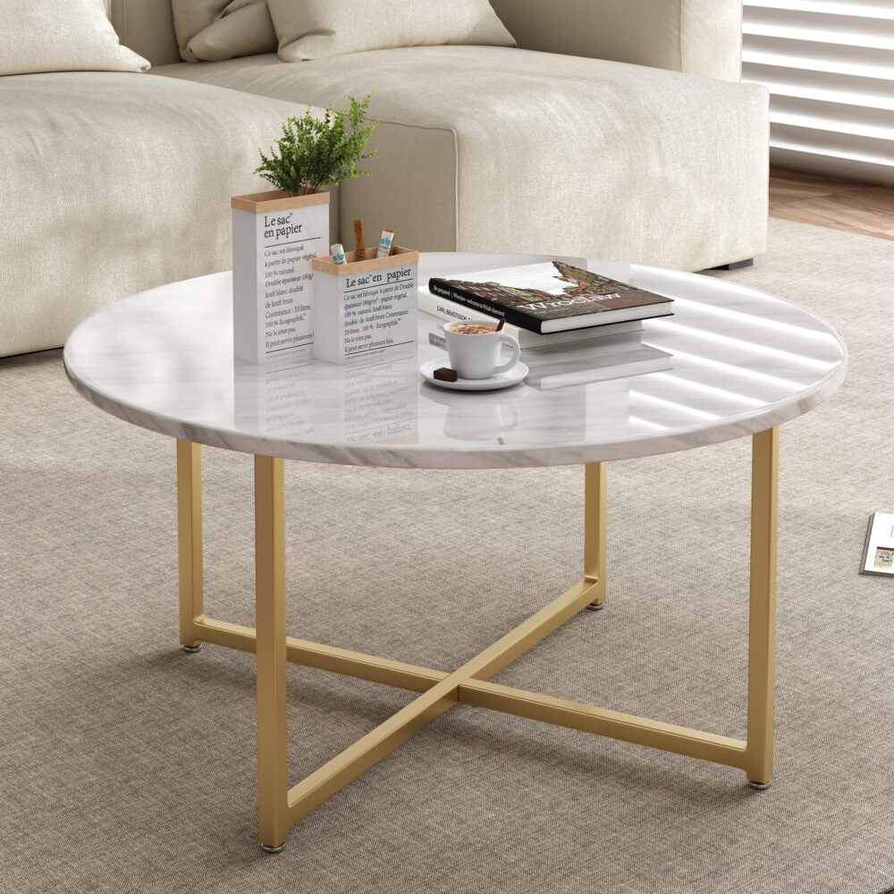 White Marble Effect Round Coffee Table with Gold Legs-Furniture > Living Room > Coffee Tables-PEROZ Accessories