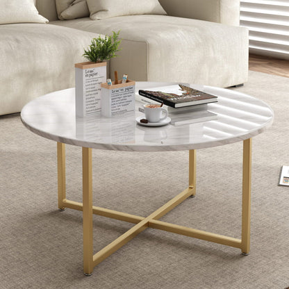 White Marble Effect Round Coffee Table with Gold Legs-Furniture > Living Room > Coffee Tables-PEROZ Accessories