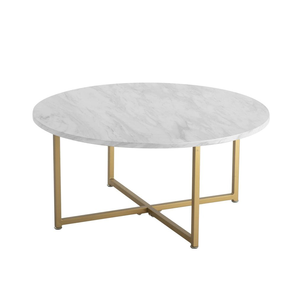 White Marble Effect Round Coffee Table with Gold Legs-Furniture > Living Room > Coffee Tables-PEROZ Accessories