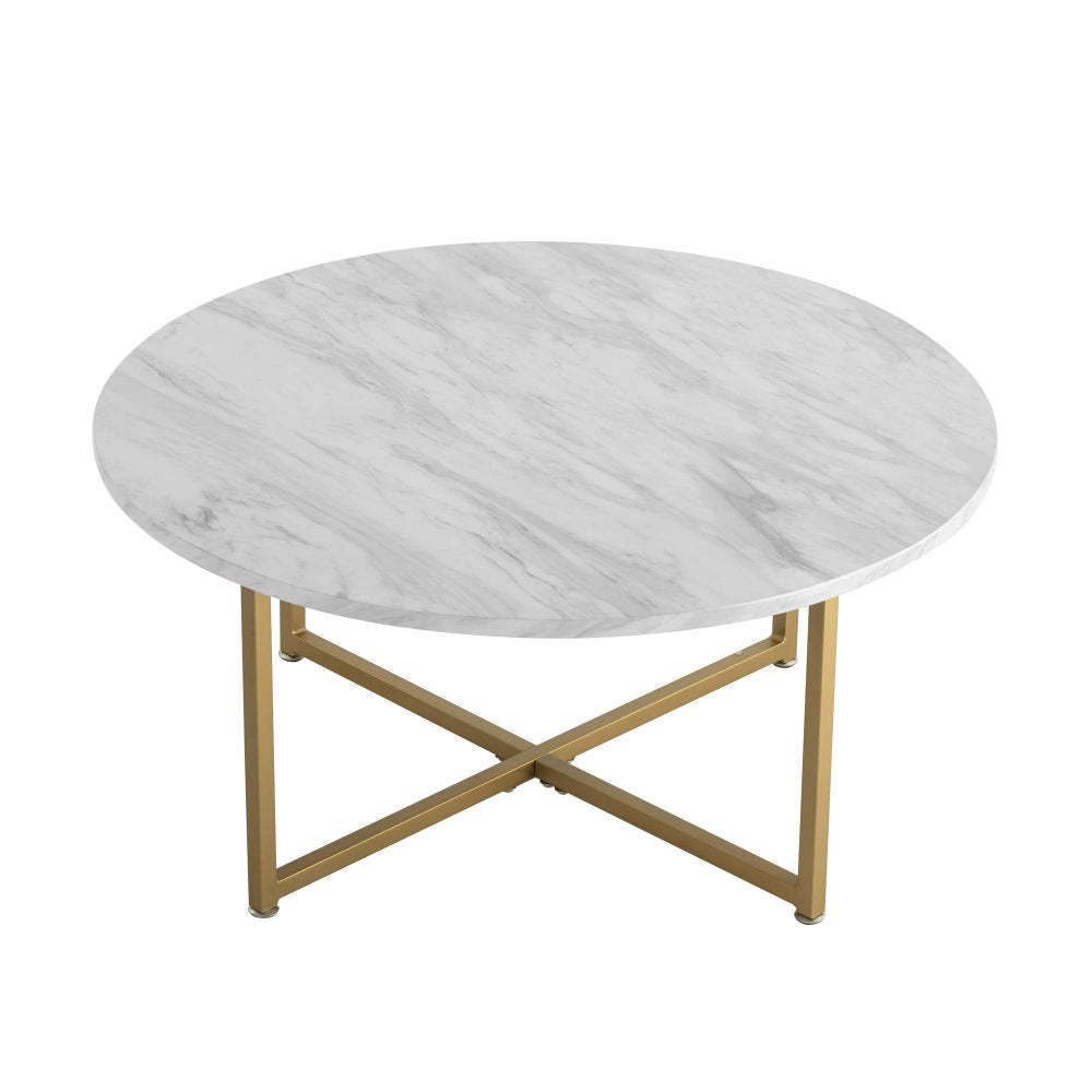 White Marble Effect Round Coffee Table with Gold Legs-Furniture > Living Room > Coffee Tables-PEROZ Accessories