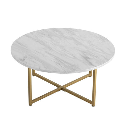 White Marble Effect Round Coffee Table with Gold Legs-Furniture > Living Room > Coffee Tables-PEROZ Accessories