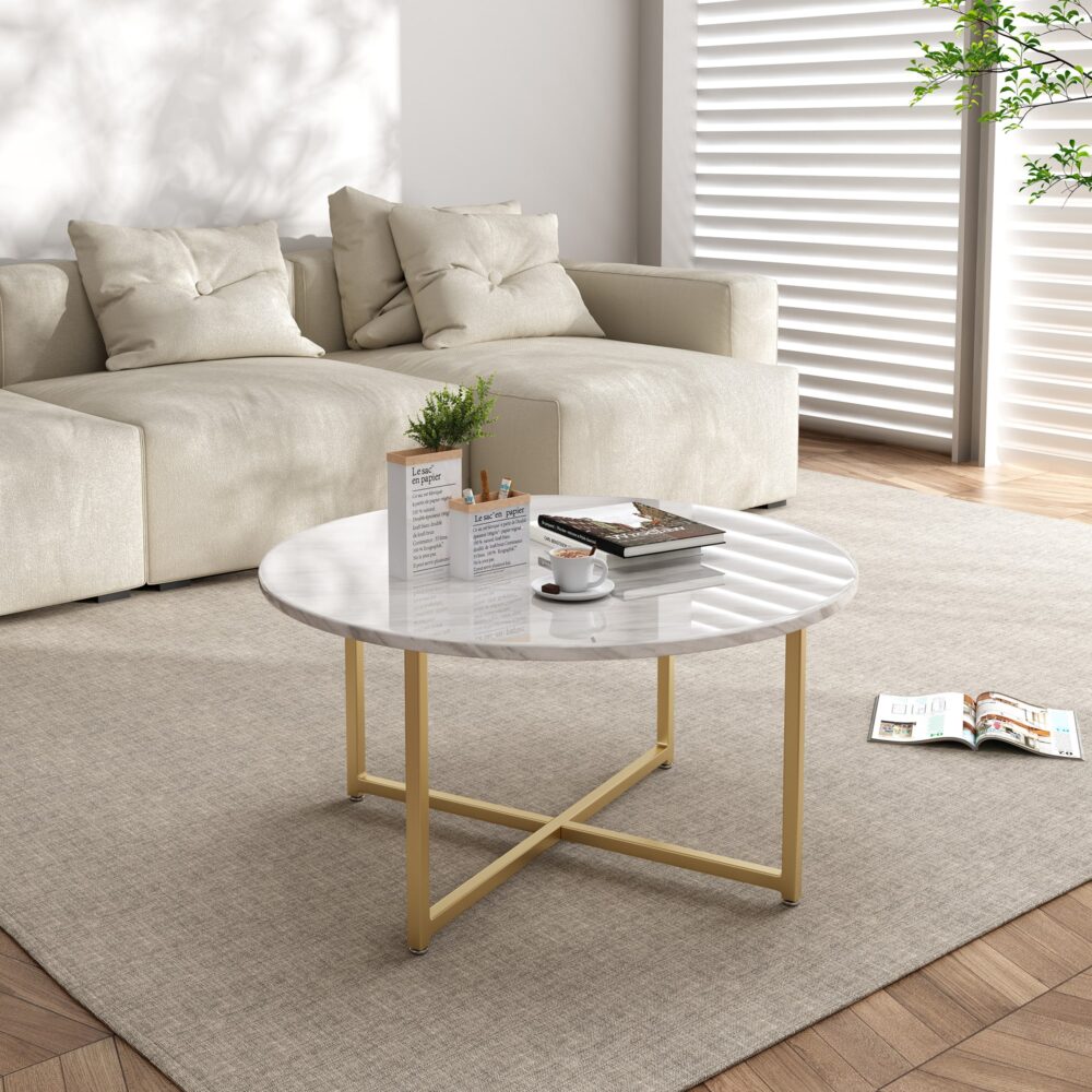 White Marble Effect Round Coffee Table with Gold Legs-Furniture > Living Room > Coffee Tables-PEROZ Accessories