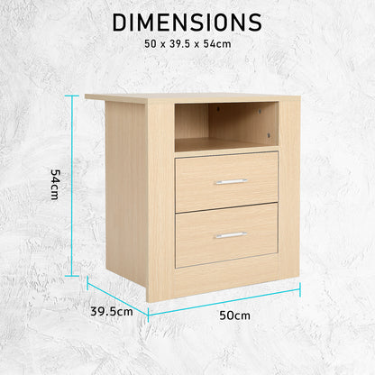 Bedside Table Side Storage Cabinet Nightstand Bedroom 2 Drawer 1 Shelf ZURI OAK-Furniture &gt; Bedroom &gt; Bedside Tables-PEROZ Accessories