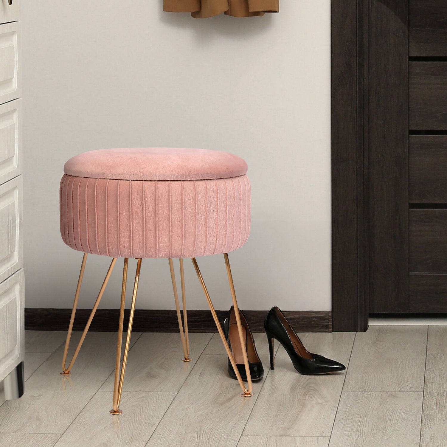 Side Table Storage Ottoman - Velvet Padded Stool Vanity Footstool REMY PINK-Furniture &gt; Living Room &gt; Ottomans &amp; Footstools-PEROZ Accessories