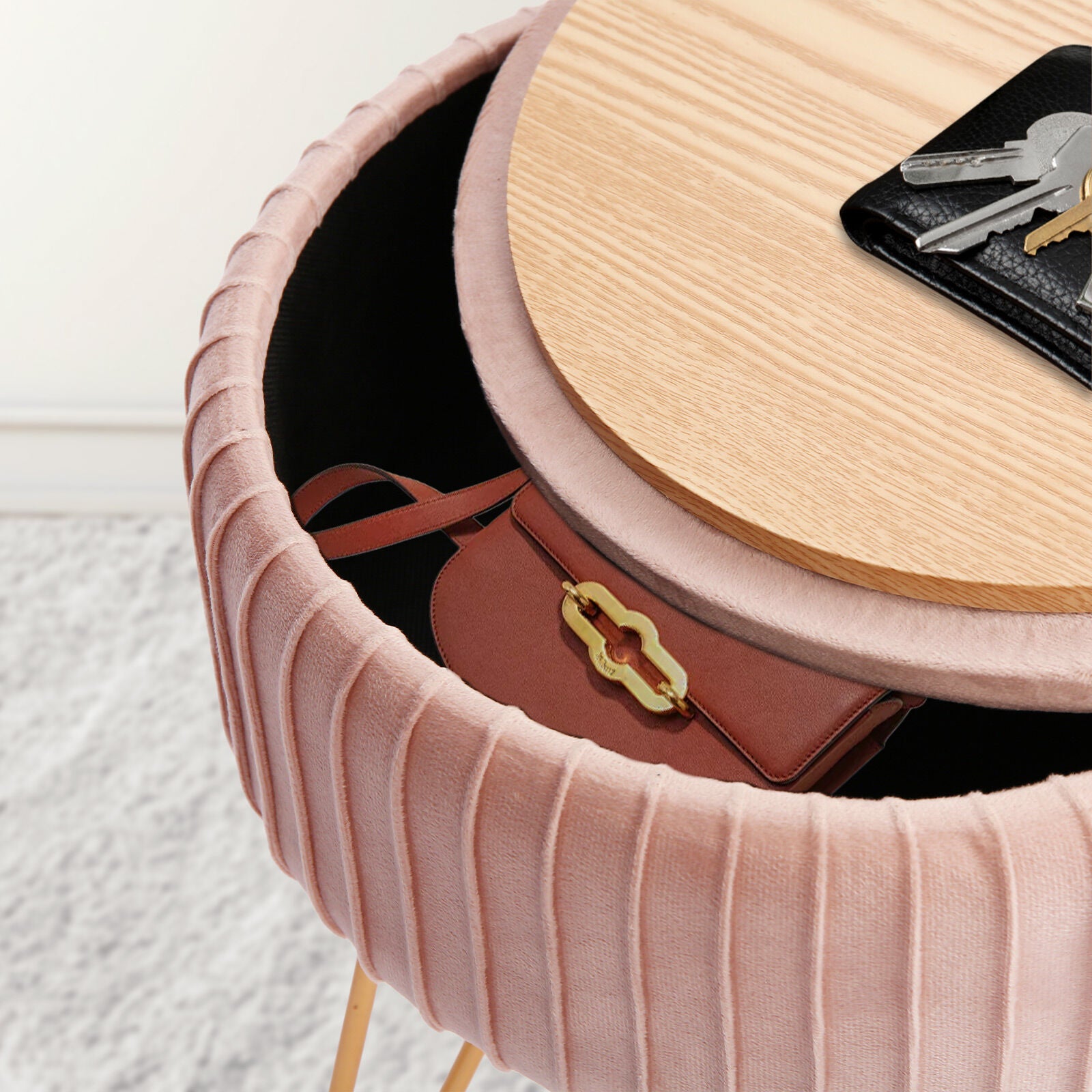 Side Table Storage Ottoman - Velvet Padded Stool Vanity Footstool REMY PINK-Furniture &gt; Living Room &gt; Ottomans &amp; Footstools-PEROZ Accessories