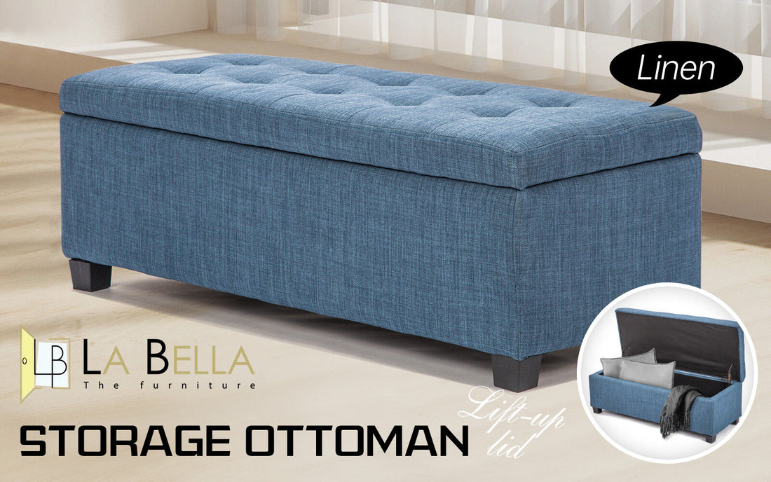 Storage Ottoman Stool 102cm Fabric DARK BLUE-Ottomans-PEROZ Accessories