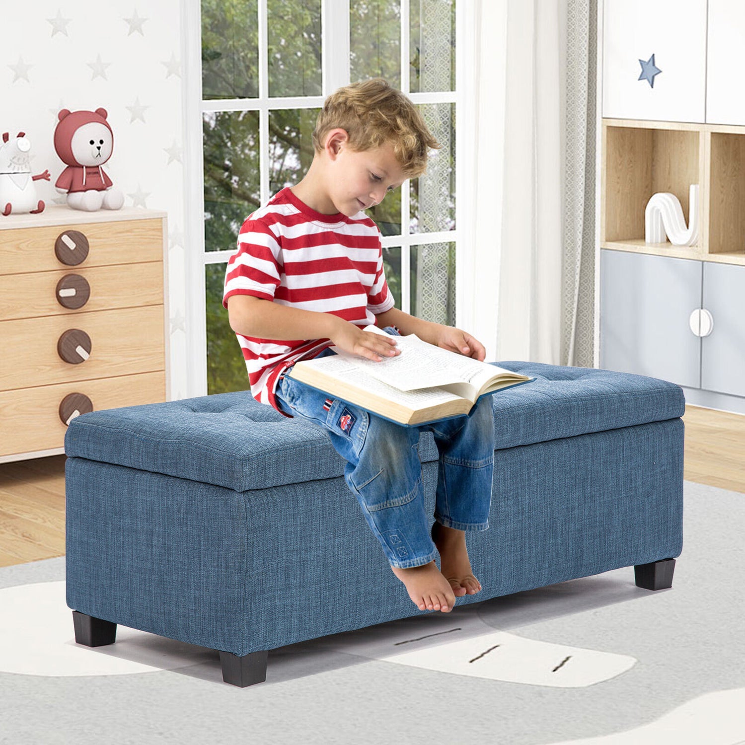 Storage Ottoman Stool 102cm Fabric DARK BLUE-Ottomans-PEROZ Accessories