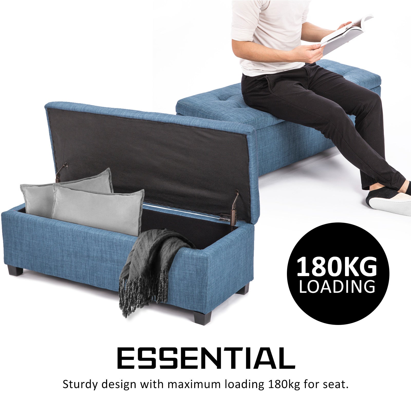 Storage Ottoman Stool 102cm Fabric DARK BLUE-Ottomans-PEROZ Accessories