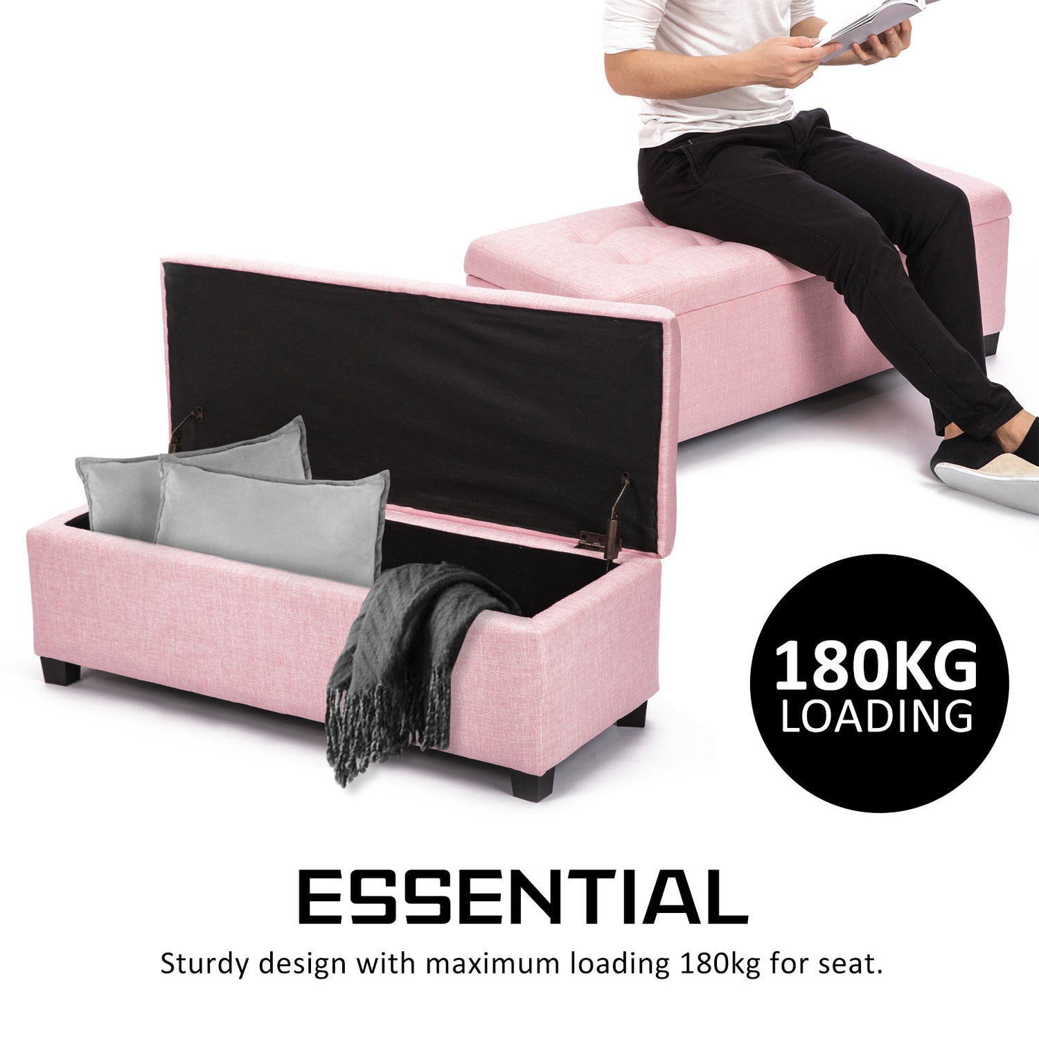 Storage Ottoman Stool 102cm Fabric PINK-Ottomans-PEROZ Accessories