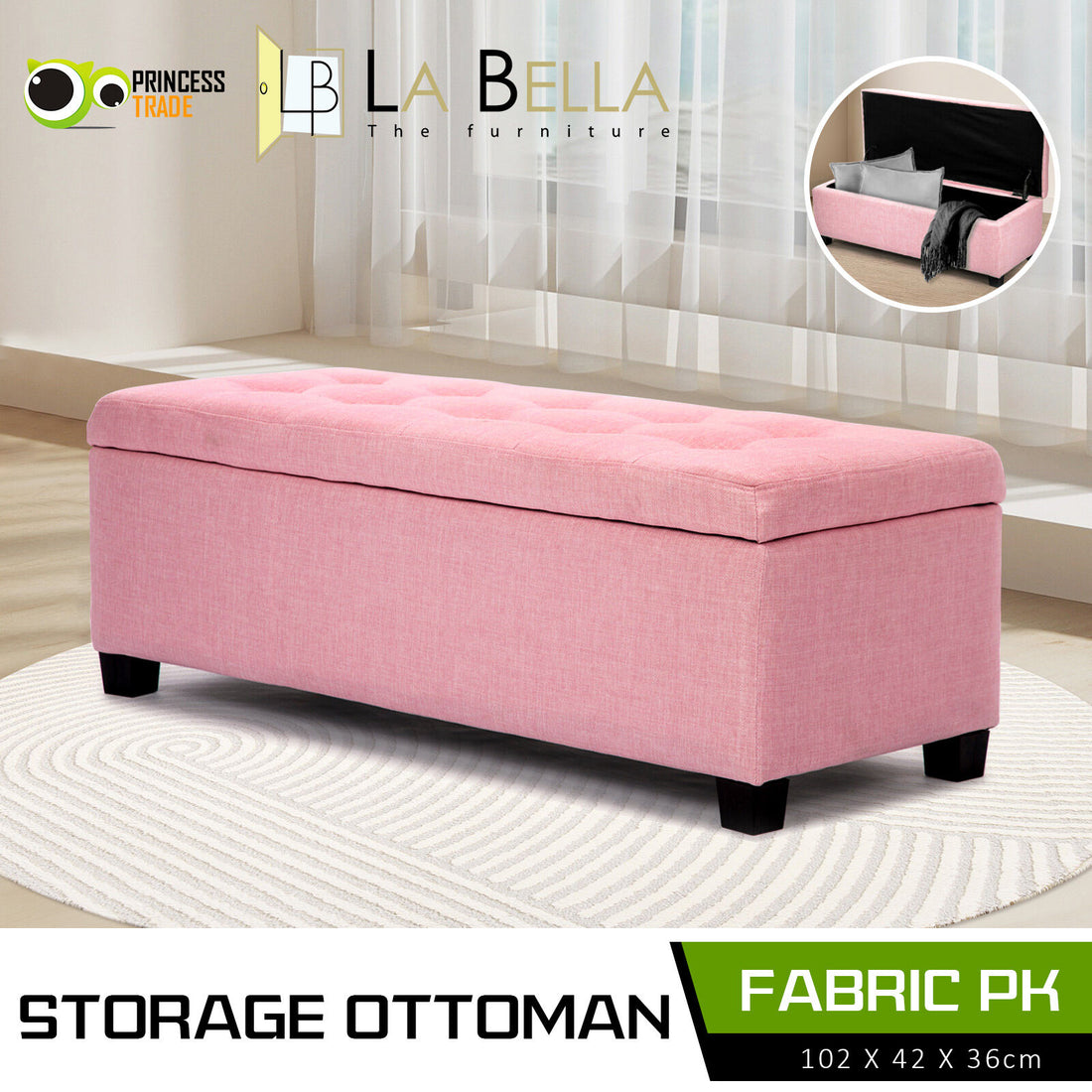 Storage Ottoman Stool 102cm Fabric PINK-Ottomans-PEROZ Accessories