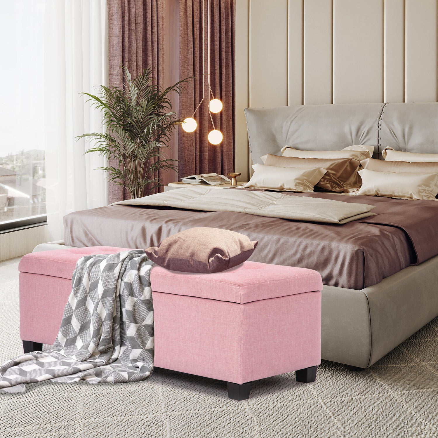 Storage Ottoman Stool 102cm Fabric PINK-Ottomans-PEROZ Accessories